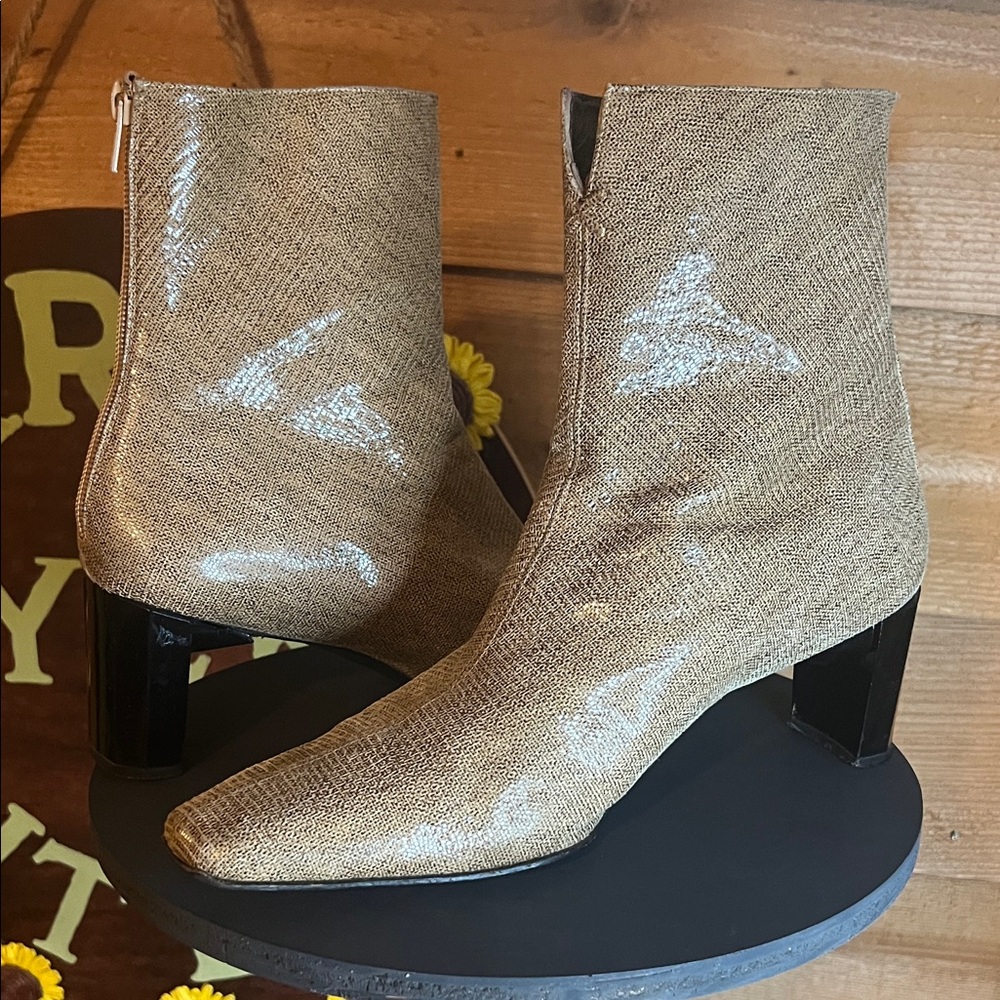 Stuart Weitzman Leather Mid Calf Square Toe Heel Boot Brown Gold Woven Print 10